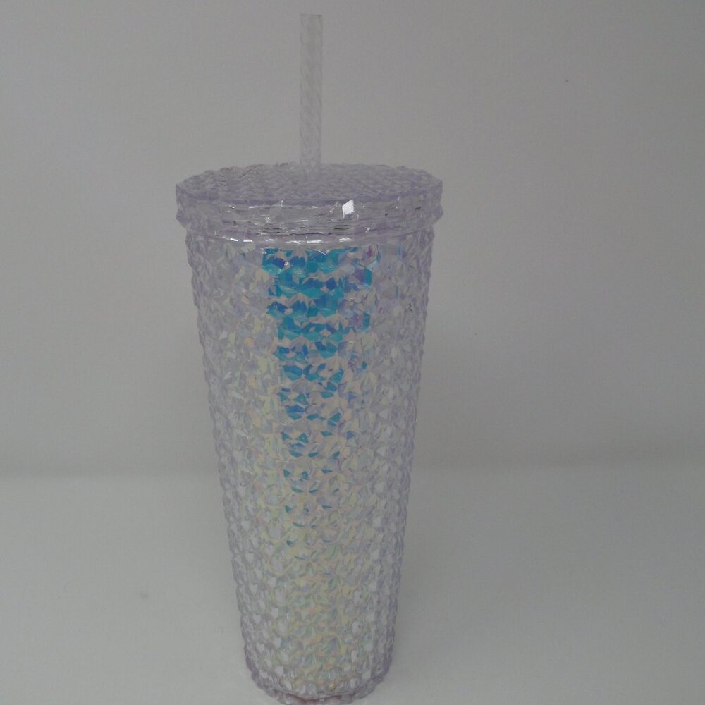 Iridescent Silver Jeweled Style Cut Plastic Tumbler w/Lid and Straw